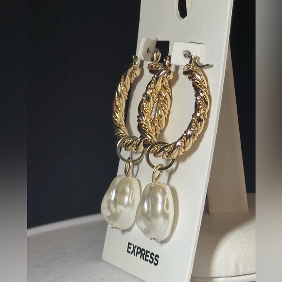 EXPRESS Gold Tone Textured Hoop Earnings With removable Hoop Charm 2 inch approx - Picture 3 of 4